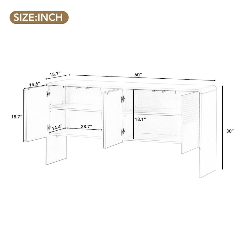 Buffet minimaliste en MDF crème/blanc de 152 cm avec 4 portes à ouverture par poussée et étagères réglables