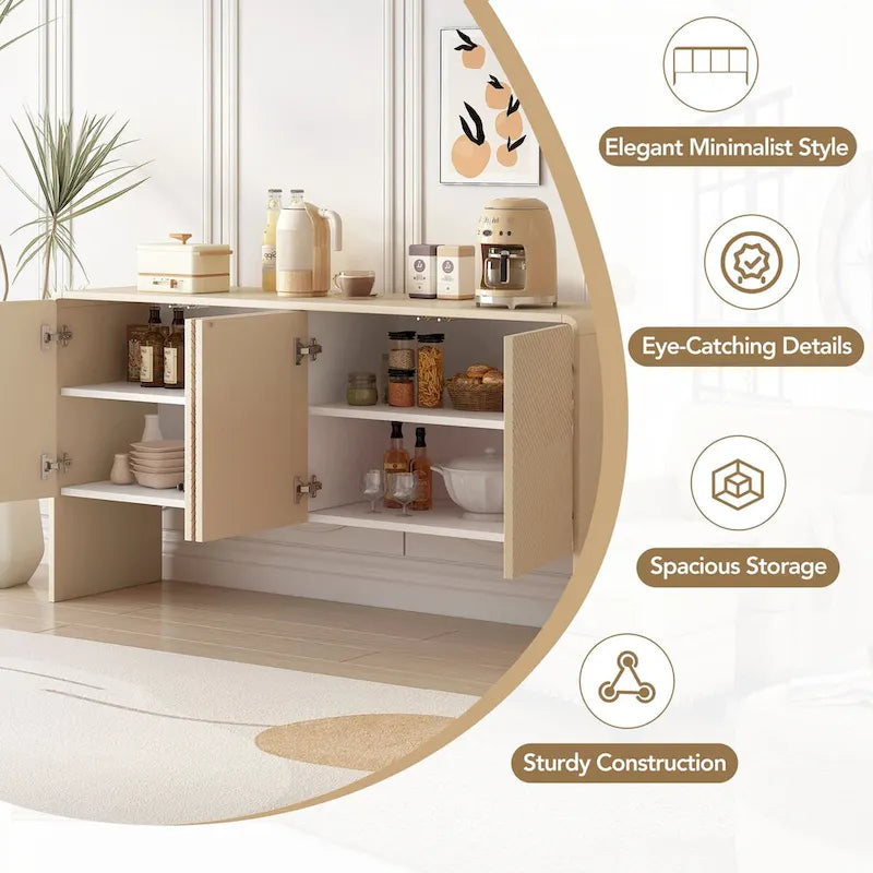 Buffet minimaliste en MDF crème/blanc de 152 cm avec 4 portes à ouverture par poussée et étagères réglables