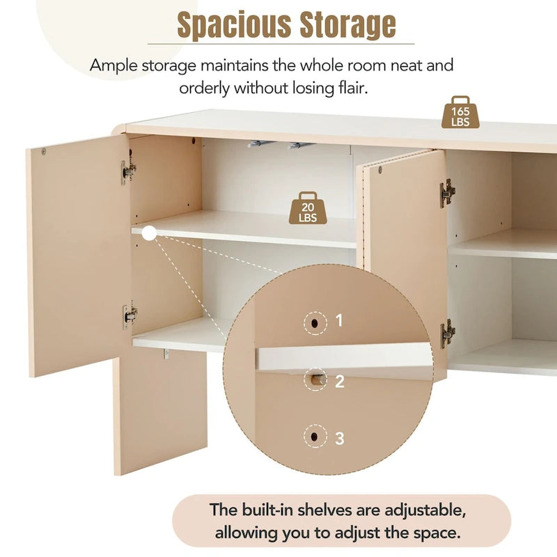 Buffet minimaliste en MDF crème/blanc de 152 cm avec 4 portes à ouverture par poussée et étagères réglables