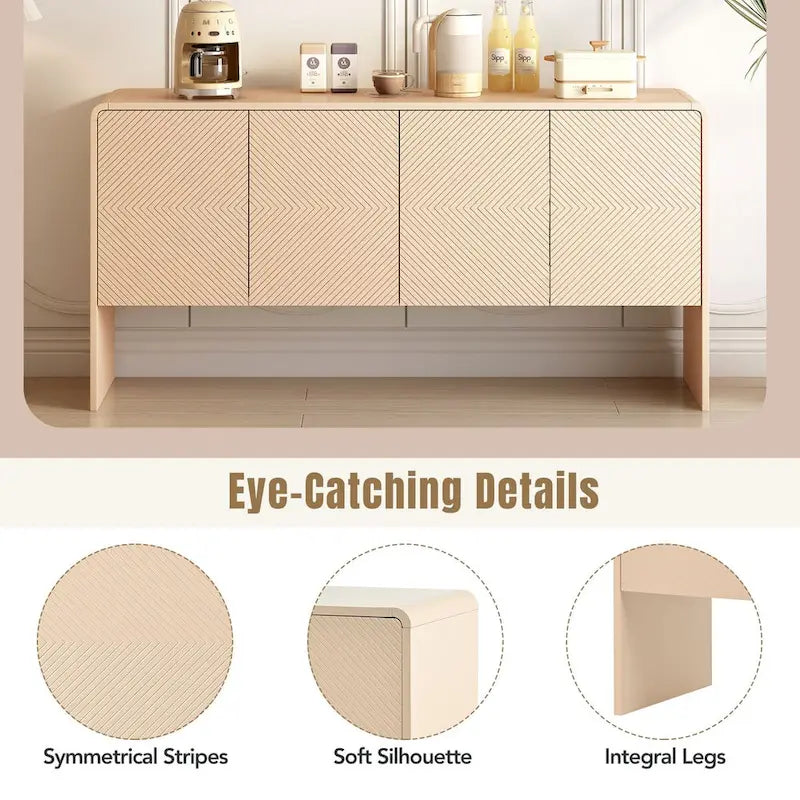Buffet minimaliste en MDF crème/blanc de 152 cm avec 4 portes à ouverture par poussée et étagères réglables