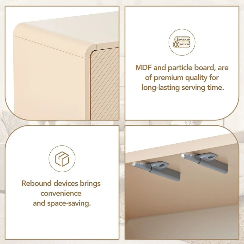 Buffet minimaliste en MDF crème/blanc de 152 cm avec 4 portes à ouverture par poussée et étagères réglables
