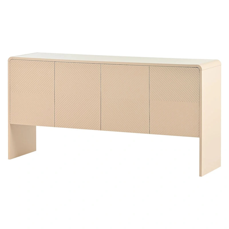 Buffet minimaliste en MDF crème/blanc de 152 cm avec 4 portes à ouverture par poussée et étagères réglables