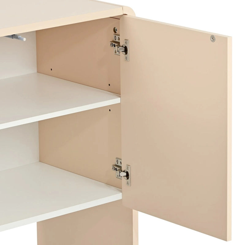 Buffet minimaliste en MDF crème/blanc de 152 cm avec 4 portes à ouverture par poussée et étagères réglables