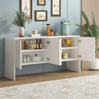 Buffet minimaliste en MDF crème/blanc de 152 cm avec 4 portes à ouverture par poussée et étagères réglables