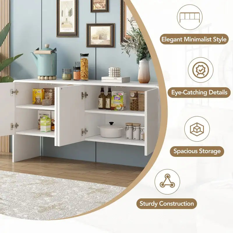 Buffet minimaliste en MDF crème/blanc de 152 cm avec 4 portes à ouverture par poussée et étagères réglables