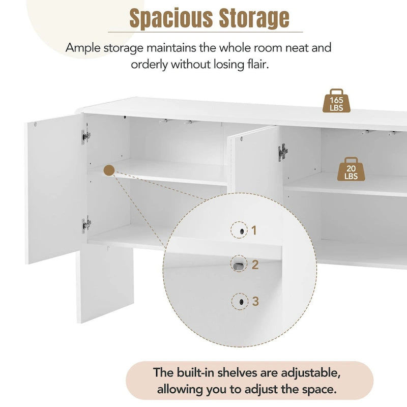 Buffet minimaliste en MDF crème/blanc de 152 cm avec 4 portes à ouverture par poussée et étagères réglables