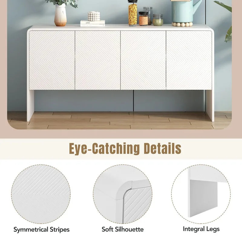 Buffet minimaliste en MDF crème/blanc de 152 cm avec 4 portes à ouverture par poussée et étagères réglables