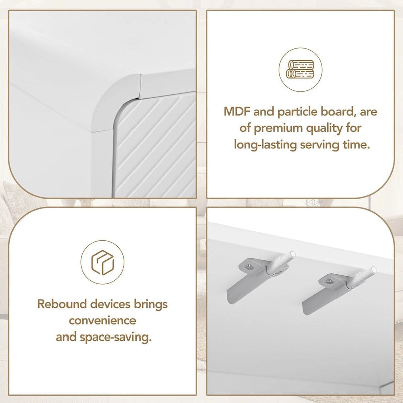 Buffet minimaliste en MDF crème/blanc de 152 cm avec 4 portes à ouverture par poussée et étagères réglables