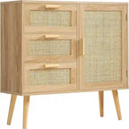 Meuble de rangement avec porte en rotin et 3 tiroirs - 30P x 80L x 78H cm