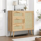 Meuble de rangement avec porte en rotin et 3 tiroirs - 30P x 80L x 78H cm