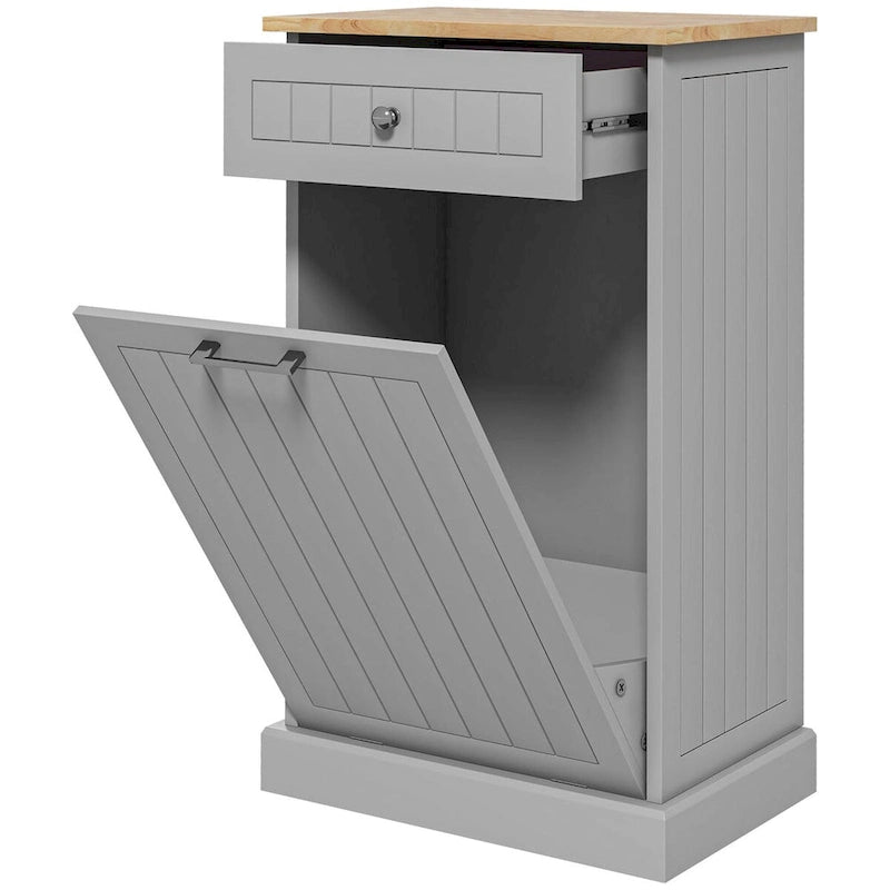 Poubelle basculante en MDF gris avec tiroir et plateau en chêne