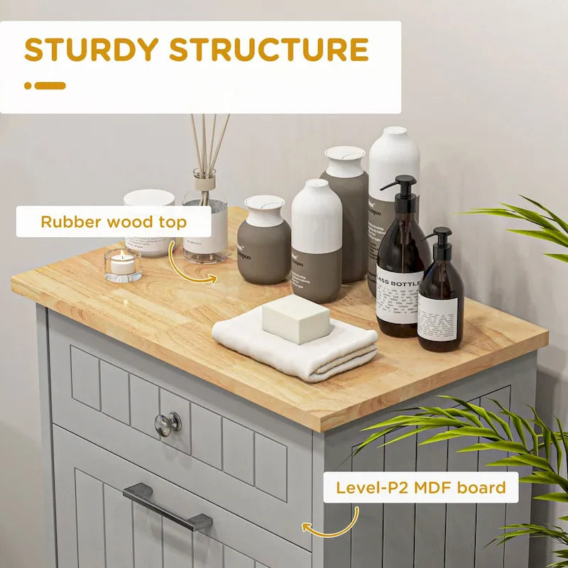 Poubelle basculante en MDF gris avec tiroir et plateau en chêne