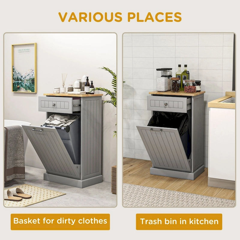 Poubelle basculante en MDF gris avec tiroir et plateau en chêne