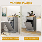 Poubelle basculante en MDF gris avec tiroir et plateau en chêne