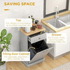 Poubelle basculante en MDF gris avec tiroir et plateau en chêne