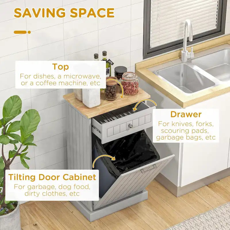 Poubelle basculante en MDF gris avec tiroir et plateau en chêne