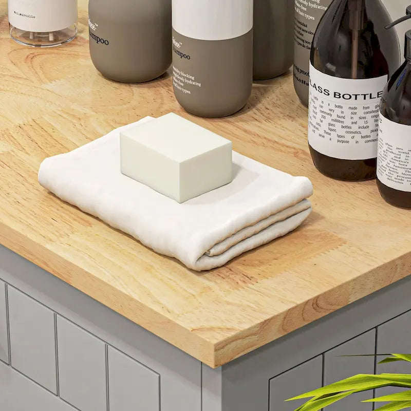 Poubelle basculante en MDF gris avec tiroir et plateau en chêne