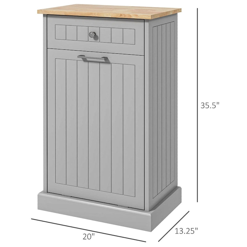Poubelle basculante en MDF gris avec tiroir et plateau en chêne