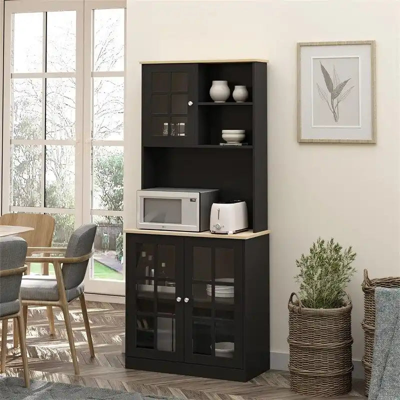 Vaisselier de cuisine en MDF blanc/noir avec portes vitrées et étagère réglable