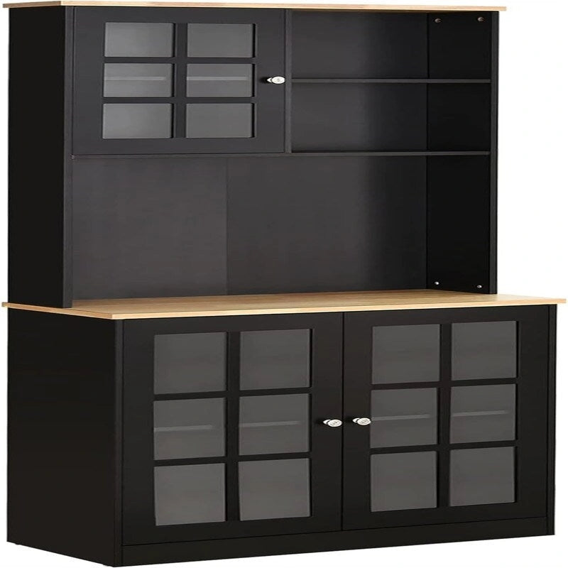 Vaisselier de cuisine en MDF blanc/noir avec portes vitrées et étagère réglable