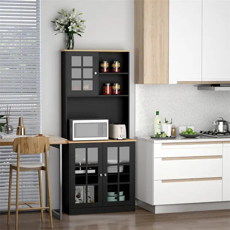 Vaisselier de cuisine en MDF blanc/noir avec portes vitrées et étagère réglable