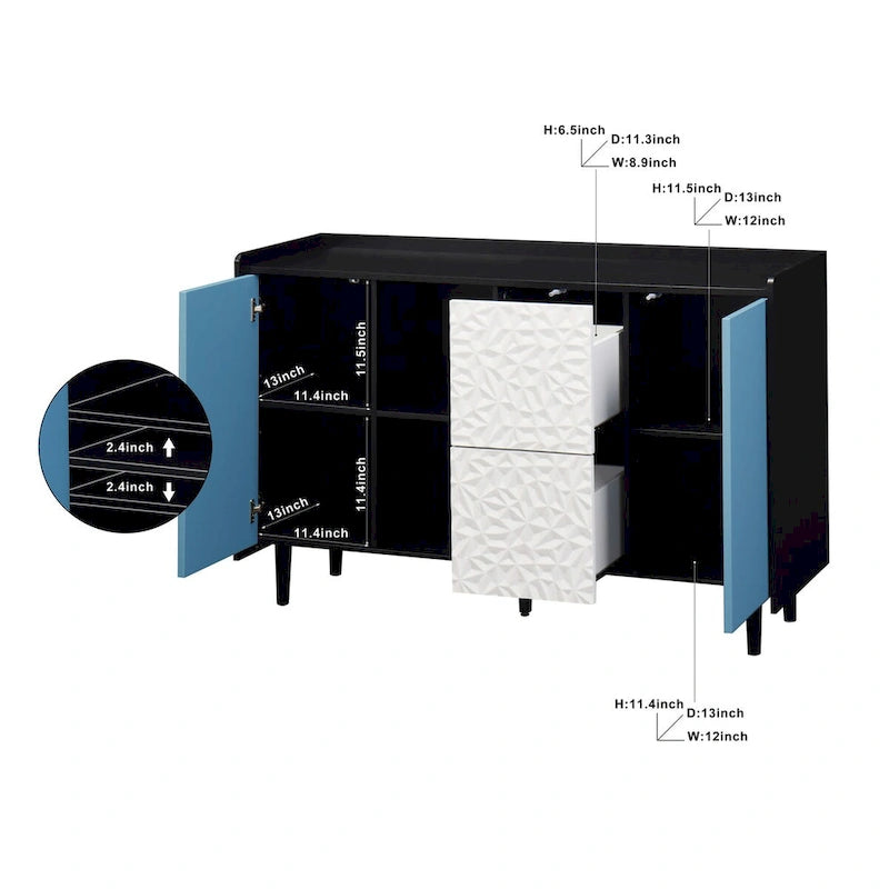 Buffet de salle à manger en MDF noir et bleu avec 2 tiroirs, 2 portes et étagères ouvertes