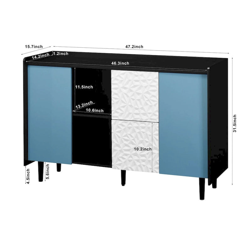 Buffet de salle à manger en MDF noir et bleu avec 2 tiroirs, 2 portes et étagères ouvertes