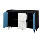 Buffet de salle à manger en MDF noir et bleu avec 2 tiroirs, 2 portes et étagères ouvertes