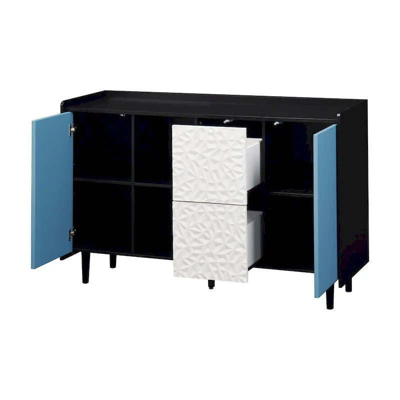 Buffet de salle à manger en MDF noir et bleu avec 2 tiroirs, 2 portes et étagères ouvertes