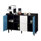 Buffet de salle à manger en MDF noir et bleu avec 2 tiroirs, 2 portes et étagères ouvertes