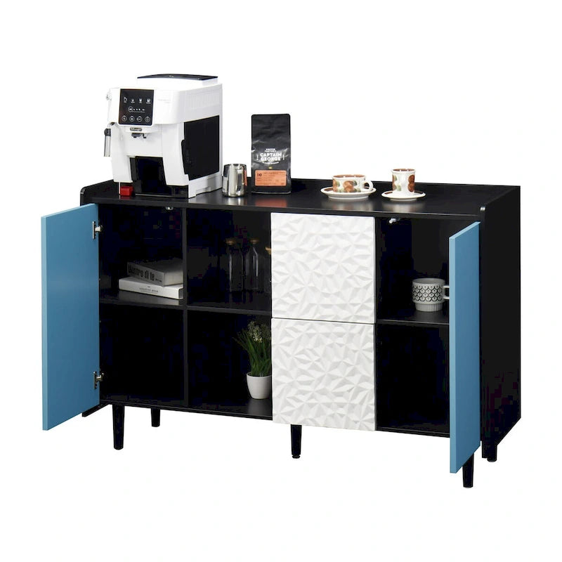 Buffet de salle à manger en MDF noir et bleu avec 2 tiroirs, 2 portes et étagères ouvertes
