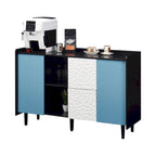 Buffet de salle à manger en MDF noir et bleu avec 2 tiroirs, 2 portes et étagères ouvertes