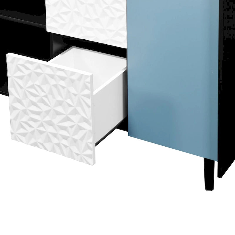 Buffet de salle à manger en MDF noir et bleu avec 2 tiroirs, 2 portes et étagères ouvertes