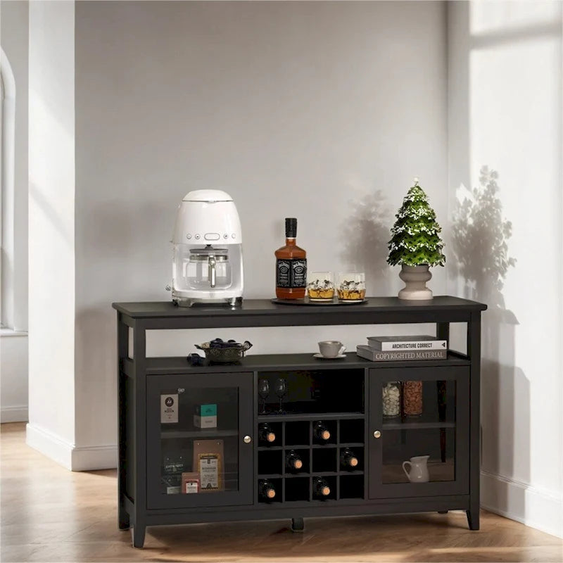 Buffet en bois noir avec portes vitrées, casier à vin et étagères réglables