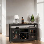 Buffet en bois noir avec portes vitrées, casier à vin et étagères réglables