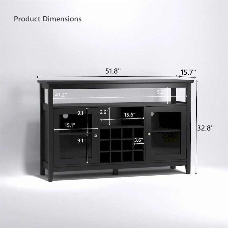Buffet en bois noir avec portes vitrées, casier à vin et étagères réglables