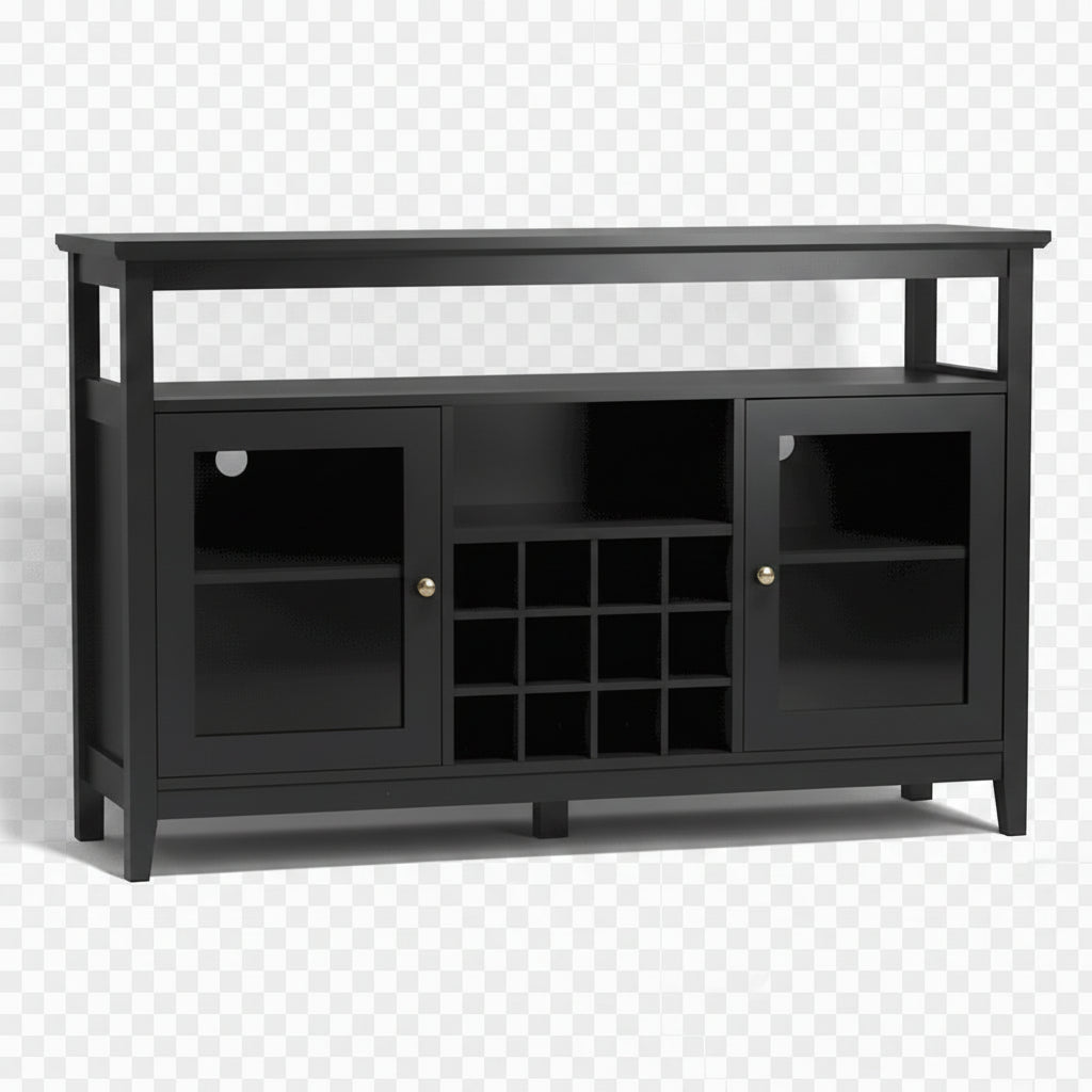 Buffet en bois noir avec portes vitrées, casier à vin et étagères réglables