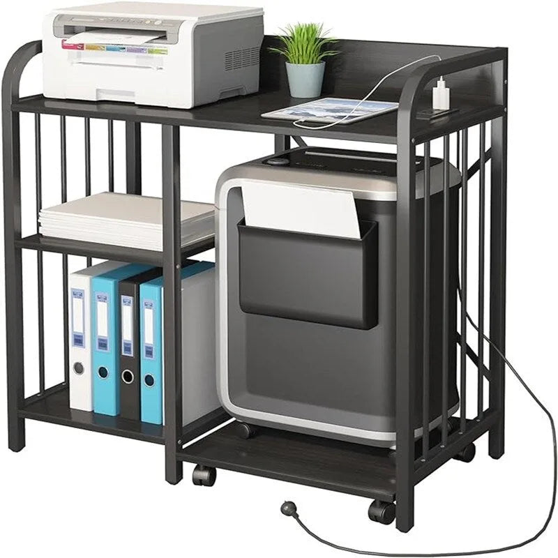 Meuble d'imprimante à 3 niveaux noir/marron avec prise de courant et ports USB