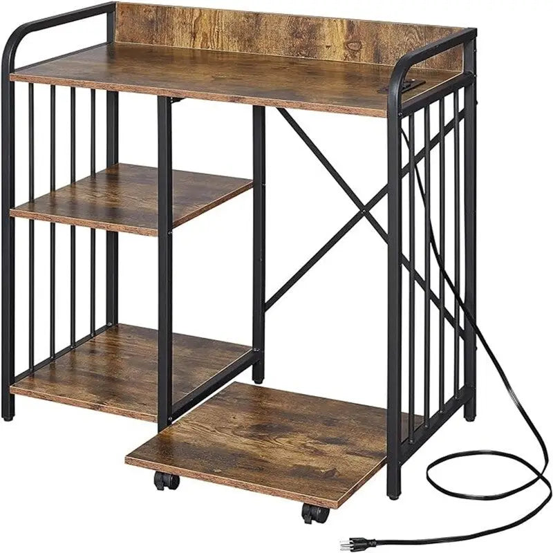Meuble d'imprimante à 3 niveaux noir/marron avec prise de courant et ports USB