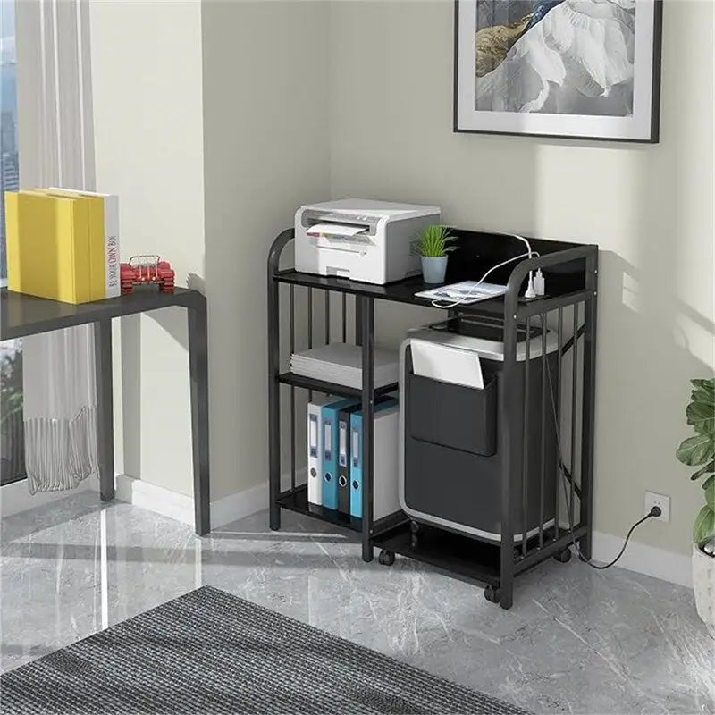 Meuble d'imprimante à 3 niveaux noir/marron avec prise de courant et ports USB