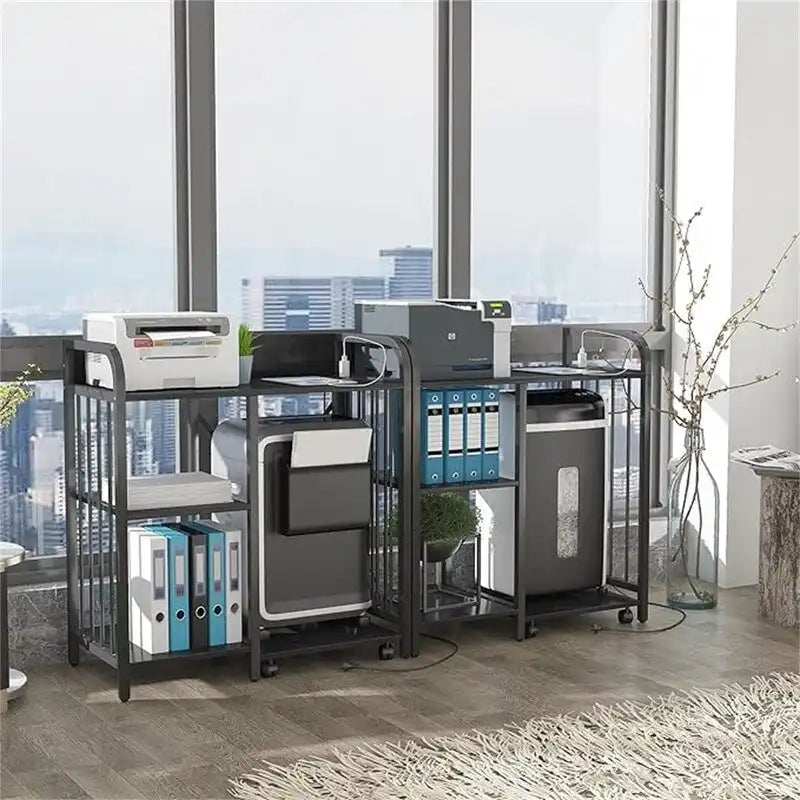 Meuble d'imprimante à 3 niveaux noir/marron avec prise de courant et ports USB