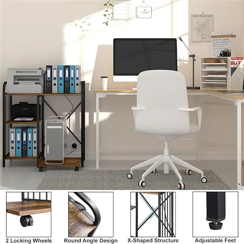 Meuble d'imprimante à 3 niveaux noir/marron avec prise de courant et ports USB