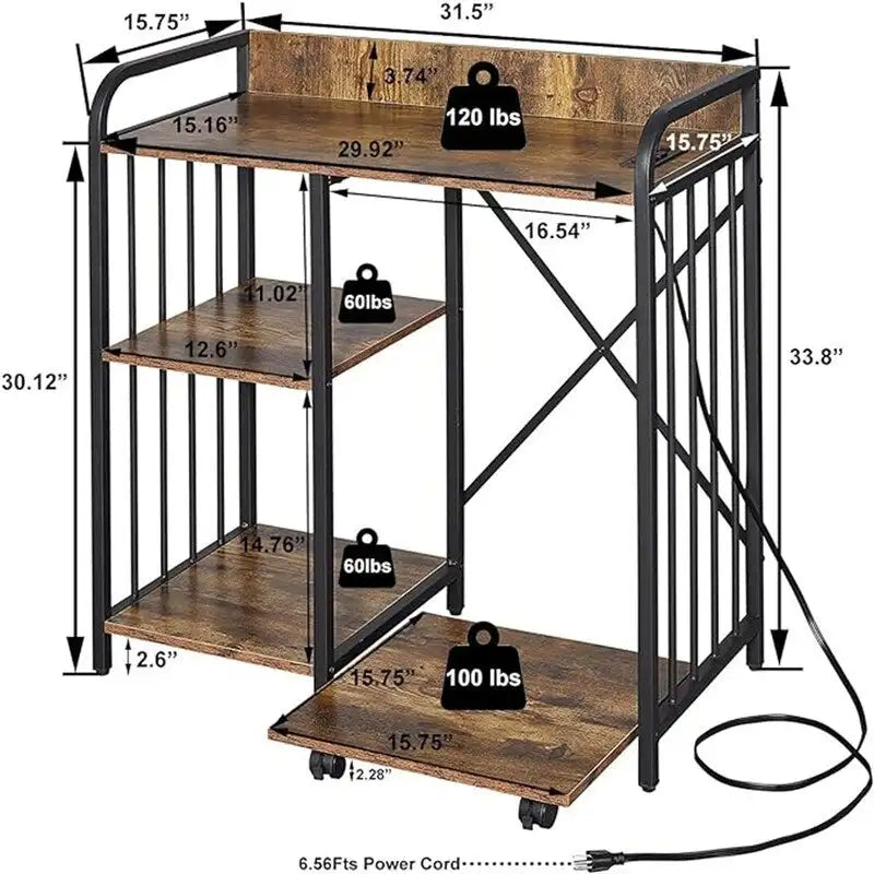 Meuble d'imprimante à 3 niveaux noir/marron avec prise de courant et ports USB