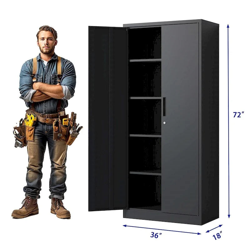 Meuble de rangement de garage en métal, armoire à outils en acier avec portes et 4 étagères