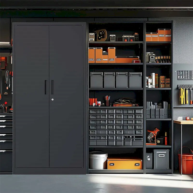 Meuble de rangement de garage en métal, armoire à outils en acier avec portes et 4 étagères