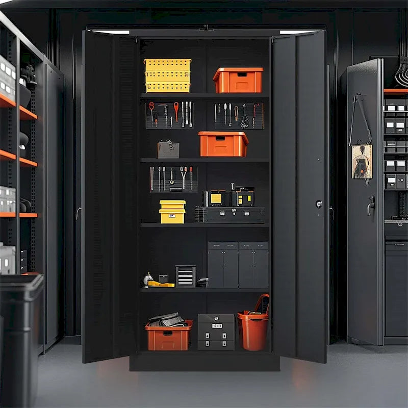 Meuble de rangement de garage en métal, armoire à outils en acier avec portes et 4 étagères