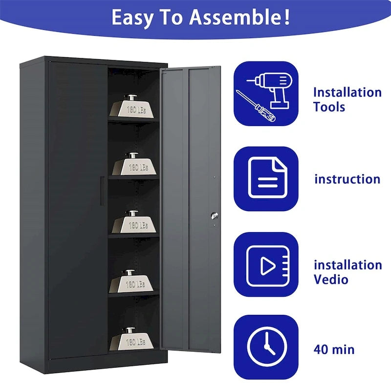 Meuble de rangement de garage en métal, armoire à outils en acier avec portes et 4 étagères