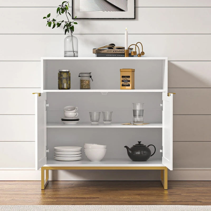 Buffet bas à 2 portes en panneaux de particules brun/blanc et rotin avec étagère réglable