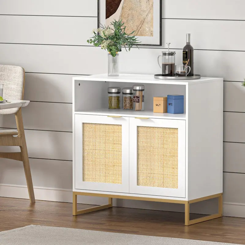 Buffet bas à 2 portes en panneaux de particules brun/blanc et rotin avec étagère réglable