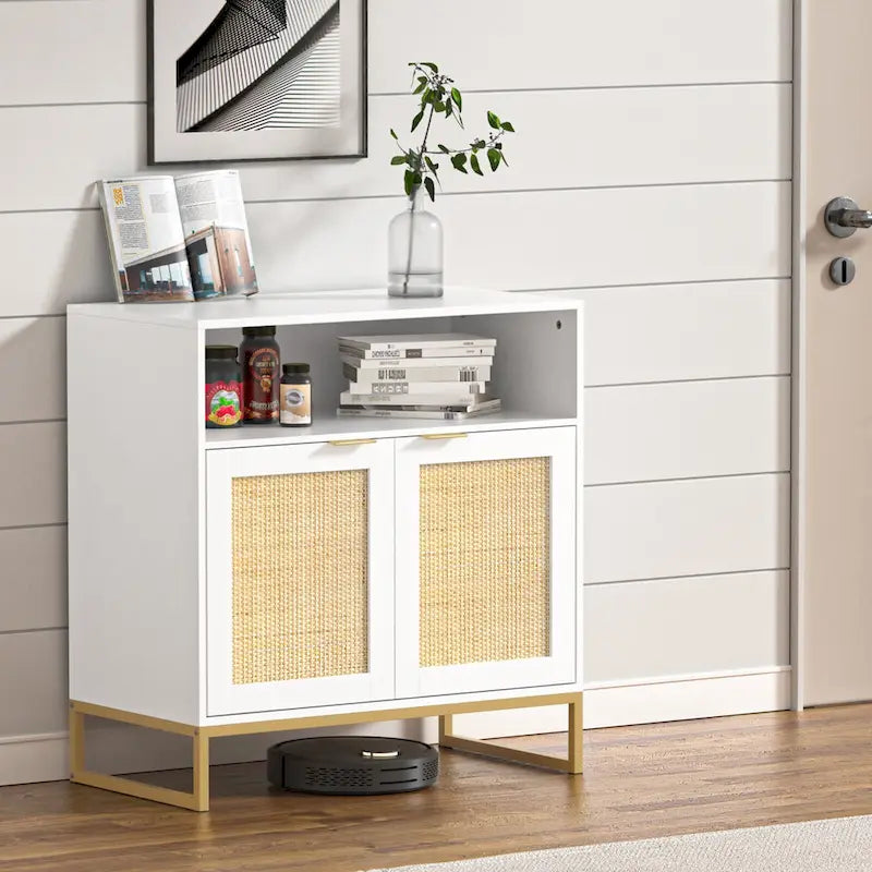 Buffet bas à 2 portes en panneaux de particules brun/blanc et rotin avec étagère réglable